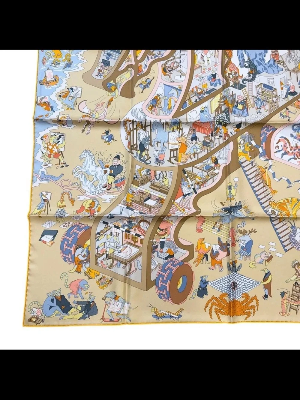 Hermes Silk Scarf Throw in Beige and Light Blue with Orange Accents